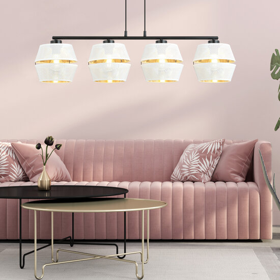 Suspension noire 4x E27 perforé blanc avec embouts métal doré