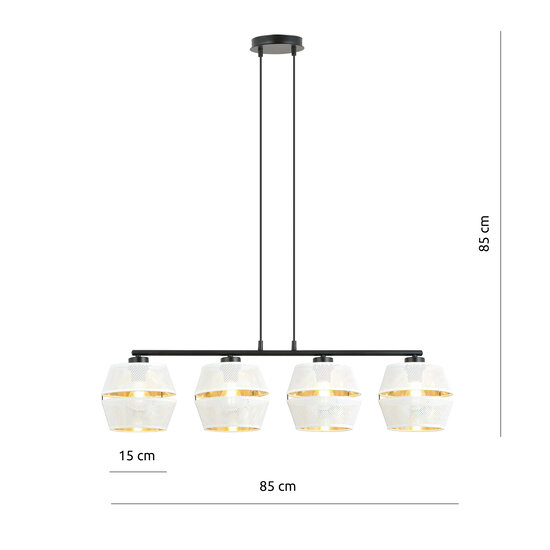 Schwarze Pendelleuchte 4x E27 perforiert weiß mit goldenen Metallkappen