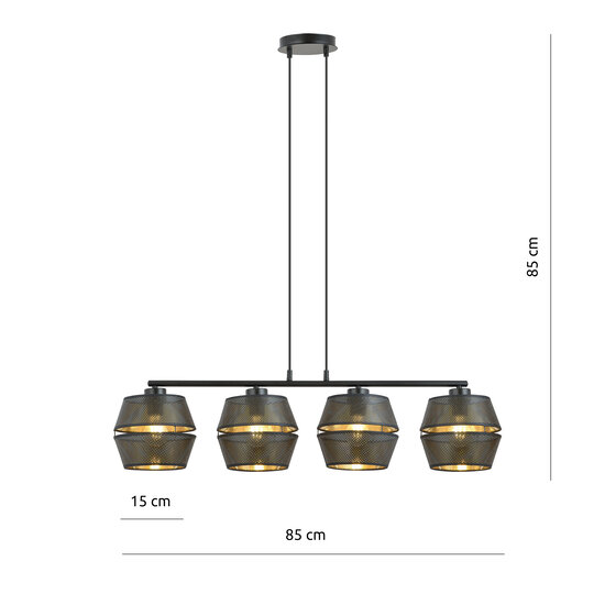 Doorzeefde zwarte pendelhanglamp 4x E27 met gouden binnenkant
