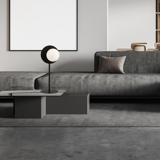 Speciale zwarte tafellamp met gerookt glas accentje E14