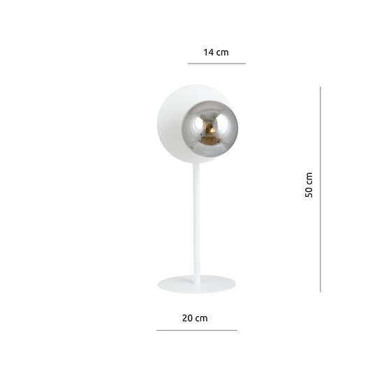 White lamp for side table with smoked glass bulb 1x E14