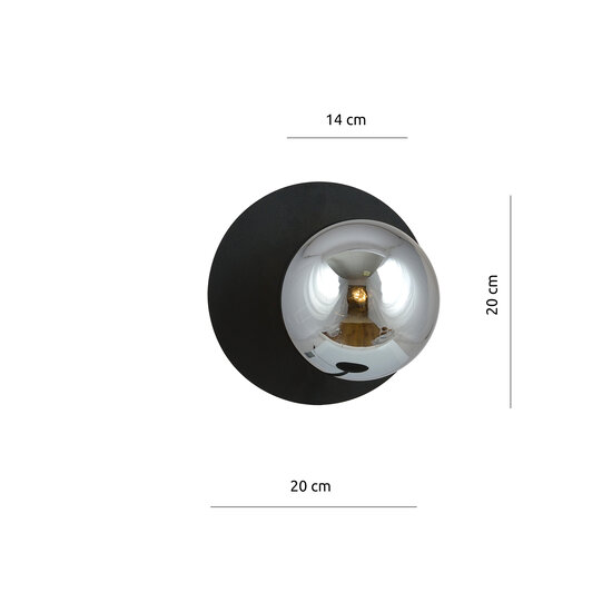 Simple black round wall lamp with smoked glass ball E14