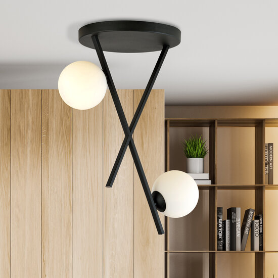 Ceiling lamp with metal rods and 2 frosted glass bulbs E14