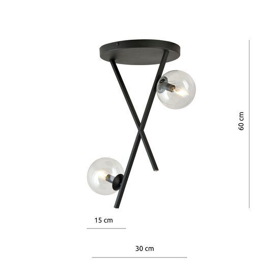 Black ceiling lamp with metal rods and 2 transparent glass balls E14