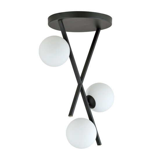 Ceiling lamp with hanging tiges and 3 milky white round glass balls E14
