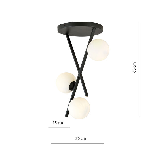 Ceiling lamp with hanging tiges and 3 milky white round glass balls E14