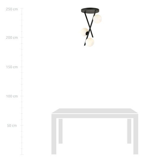 Plafondlamp met hangende tiges en 3 melkwitte ronde glazen bollen E14