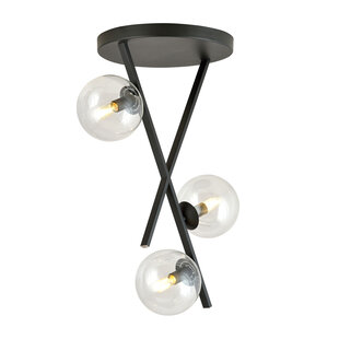 Zwarte plafondlamp met hangende tiges en 3 transparante ronde glazen bollen E14