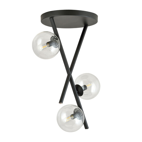 Emibig Emibig Lámpara de techo negra con varillas colgantes y 3 bolas de vidrio redondas transparentes E14 - Perfecta para interiores modernos