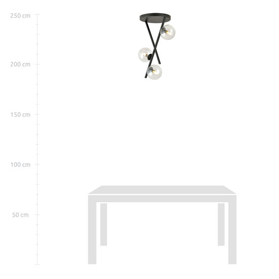 Zwarte plafondlamp met hangende tiges en 3 transparante ronde glazen bollen E14