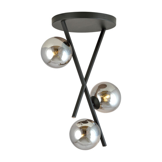 Design Deckenleuchte schwarz mit Stäben und 3 Rauchglaskugeln E14