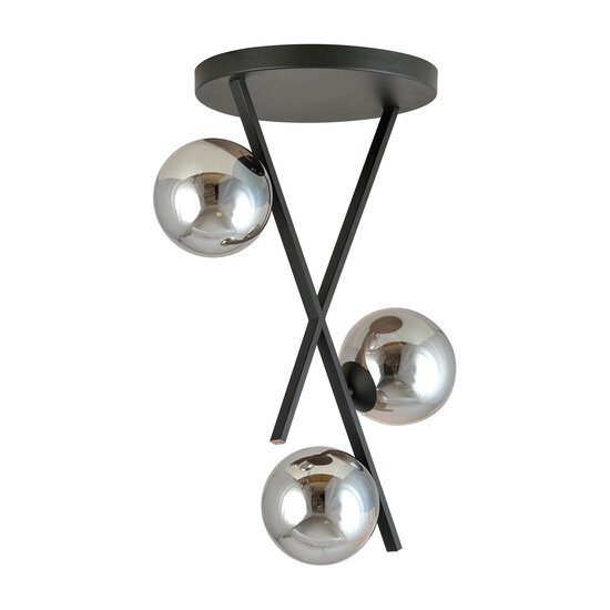 Design Deckenleuchte schwarz mit Stäben und 3 Rauchglaskugeln E14