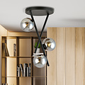 Design plafondlamp zwart met staven en 3 gerookte glazen bollen E14