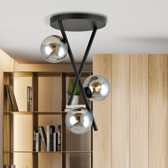 Emibig Emibig Lampe de plafond design noire avec tiges et 3 boules en verre fumé E14 - Idéale pour les intérieurs modernes