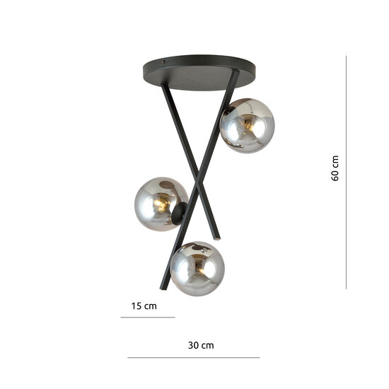 Design plafondlamp zwart met staven en 3 gerookte glazen bollen E14