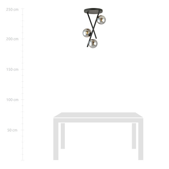 Plafonnier design noir avec tiges et 3 boules en verre fumé E14