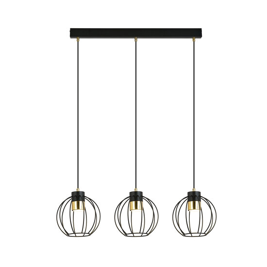 Medium hanging lamp with 3 black and gold metal cages GU10