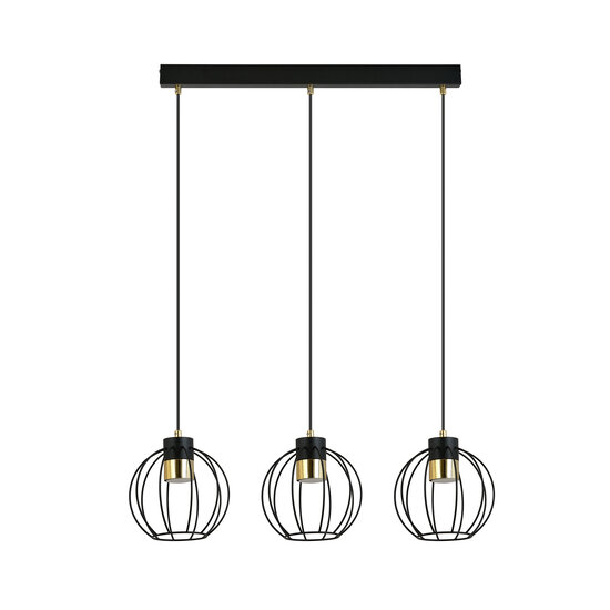 Medium hanging lamp with 3 black and gold metal cages GU10