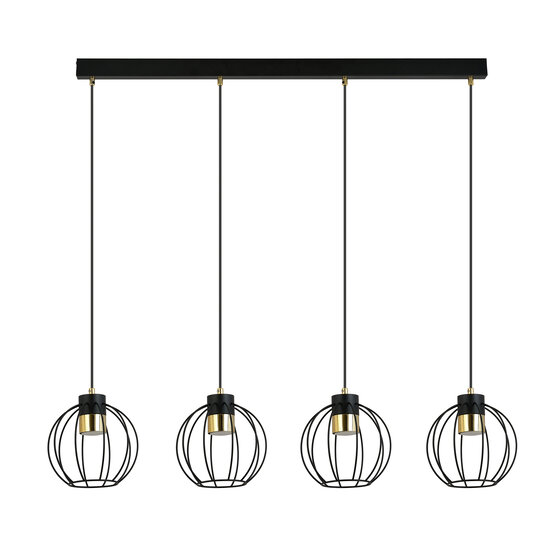 Large long hanging lamp 4 black metal cages GU10 and gold finish