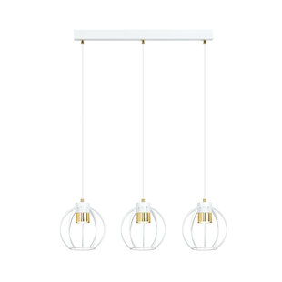 Medium white hanging lamp with 3 metal cages GU10 and golden edge