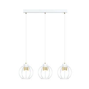 Medium witte hanglamp met 3 metalen kooien GU10 en gouden randje