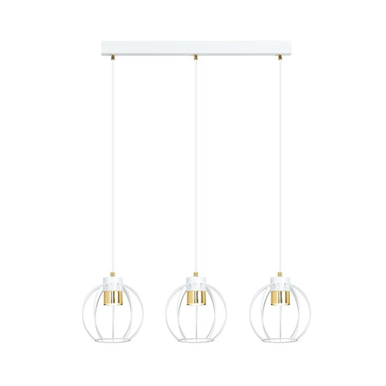 Medium witte hanglamp met 3 metalen kooien GU10 en gouden randje