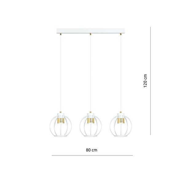 Medium witte hanglamp met 3 metalen kooien GU10 en gouden randje
