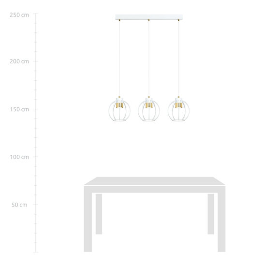 Medium witte hanglamp met 3 metalen kooien GU10 en gouden randje