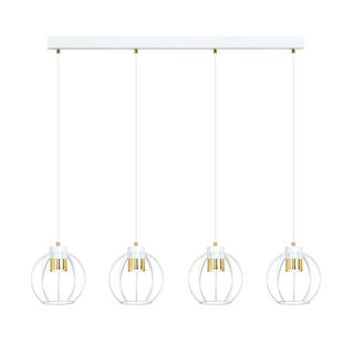 Grote witte lange hanglamp 4 metalen kooien GU10 en gouden afwerking