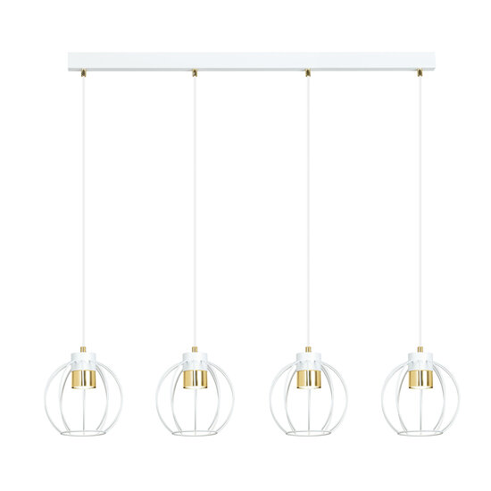 Grote witte lange hanglamp 4 metalen kooien GU10 en gouden afwerking