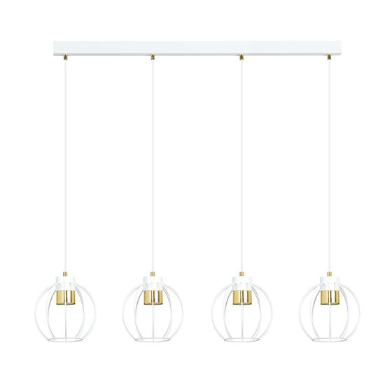 Grote witte lange hanglamp 4 metalen kooien GU10 en gouden afwerking