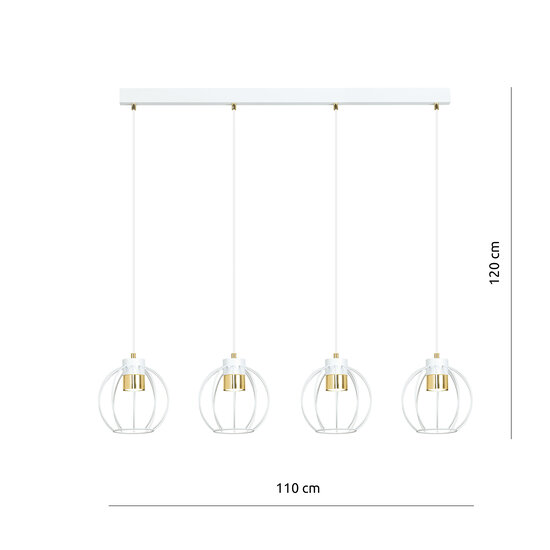 Grote witte lange hanglamp 4 metalen kooien GU10 en gouden afwerking