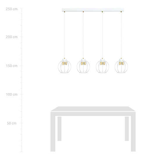 Grande suspension longue blanche 4 cages métal GU10 et finition dorée
