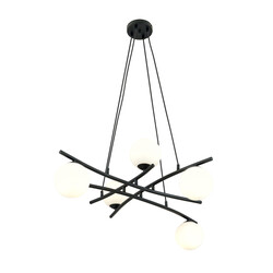 Fantastic black hanging lamp with 5 opal white glass balls E14