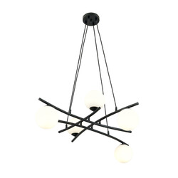 Fantastique suspension noire avec 5 boules en verre blanc opale E14