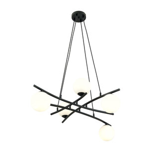 Fantástica lámpara colgante negra con 5 bolas de cristal blanco opal E14