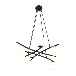 Fantastique suspension noire avec 5 boules en verre blanc opale E14