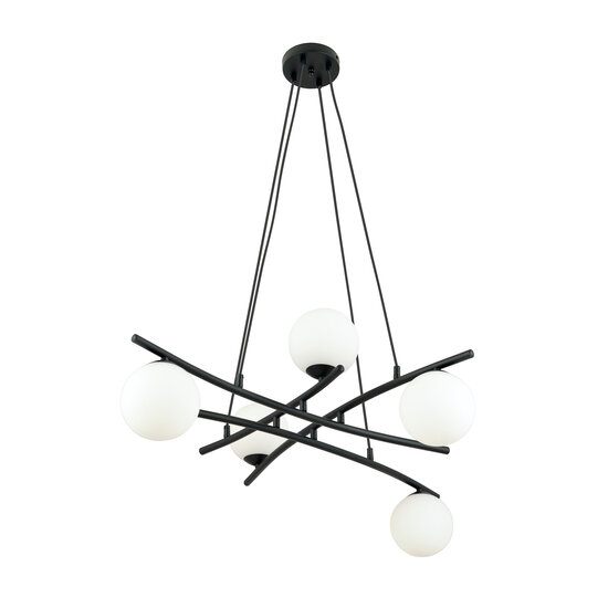Fantastic black hanging lamp with 5 opal white glass balls E14