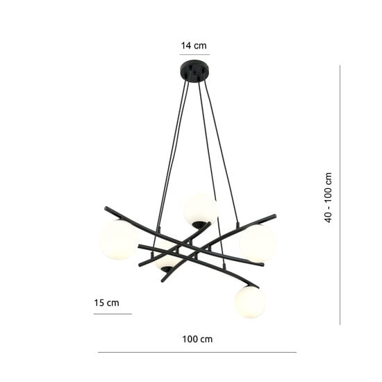Emibig Emibig Fantastic black hanging lamp with 5 opal white glass balls E14 - Ideal for creating a cozy atmosphere