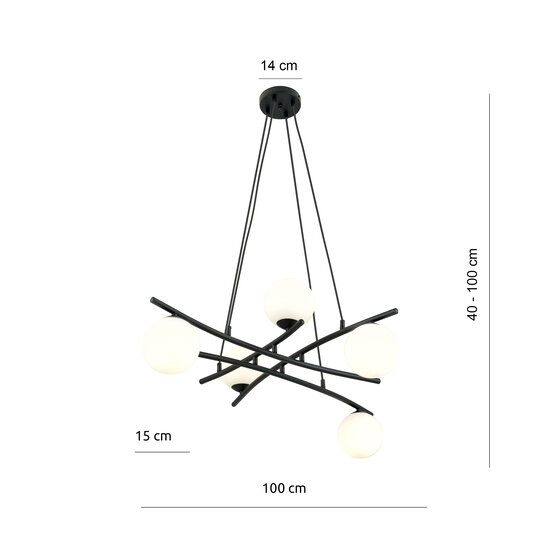 Emibig Emibig Lámpara colgante negra fantástica con 5 bolas de vidrio opalinas E14 - Ideal para crear una atmósfera acogedora