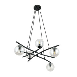 Suspension noire design avec 5 boules en verre transparent E14