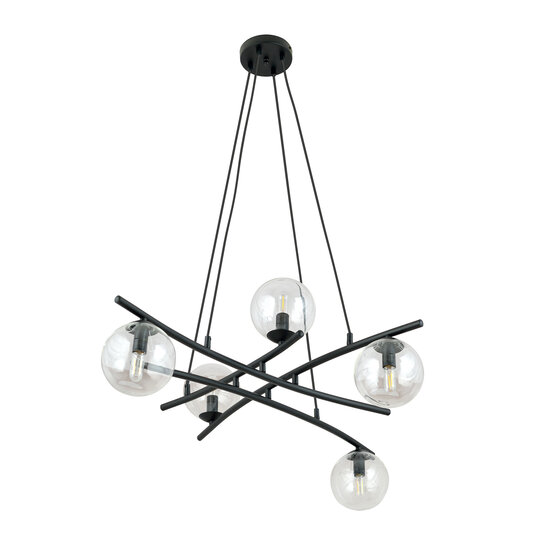 Design black hanging lamp with 5 transparent glass balls E14
