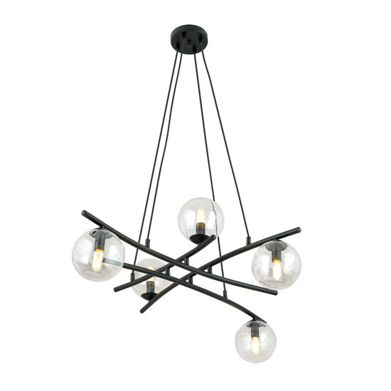 Design black hanging lamp with 5 transparent glass balls E14