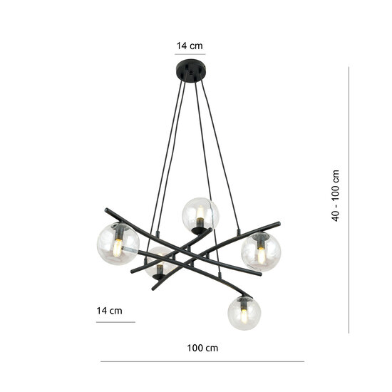 Design black hanging lamp with 5 transparent glass balls E14
