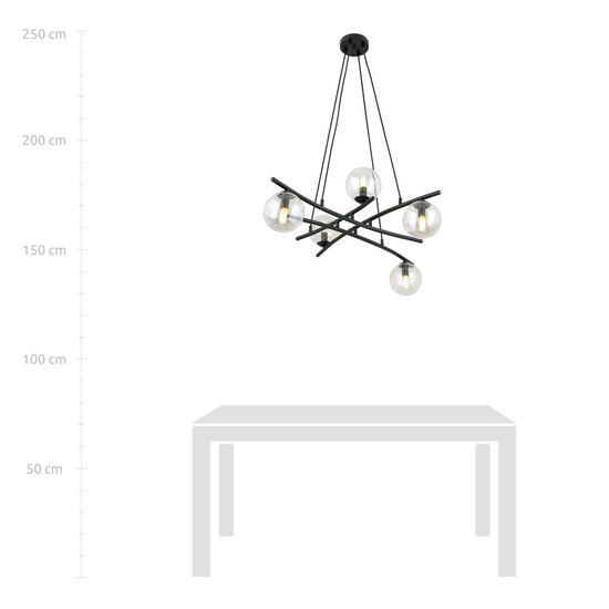 Design black hanging lamp with 5 transparent glass balls E14
