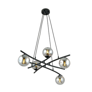 Excepcional lámpara colgante negra con 5 bolas cristal ahumado E14