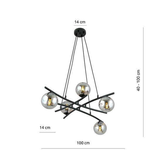 Exceptionnelle suspension noire à 5 boules en verre fumé E14
