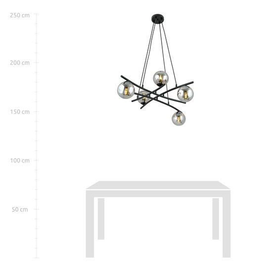 Exceptionnelle suspension noire à 5 boules en verre fumé E14