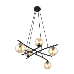 Elegante lámpara colgante negra con 5 bolas de cristal color ámbar E14