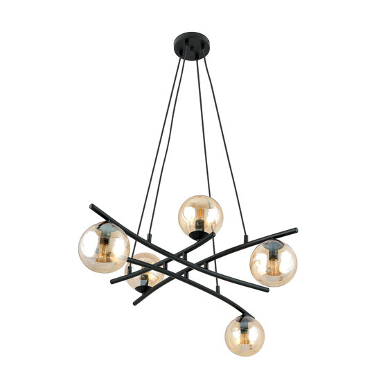 Stylish black hanging lamp with 5 amber-coloured glass balls E14